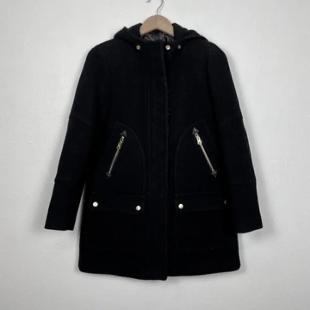 J.Crew Black Chateau Parka Italian Wool Stadium Cloth Hooded Coat sz:00 B3901